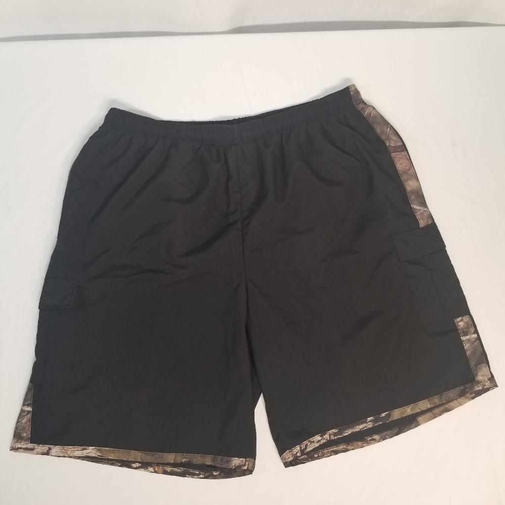 Mossy Oak Mens L Black Camo Trim Swimming Shorts Lining Elastic Waist String Tie